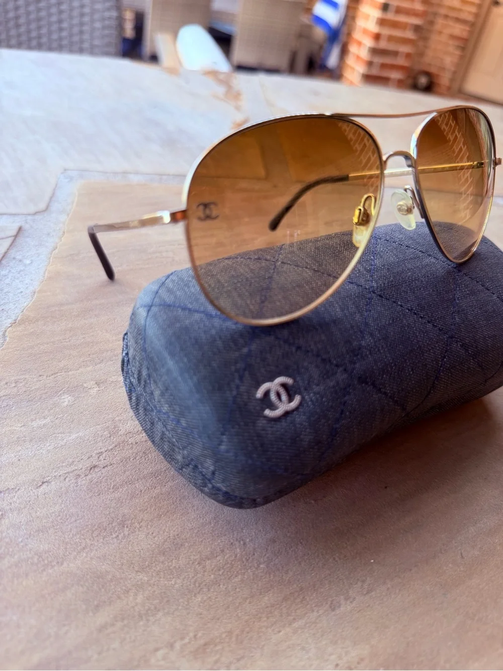 CHANEL Gold Aviator Sunglasses with Brown Lenses